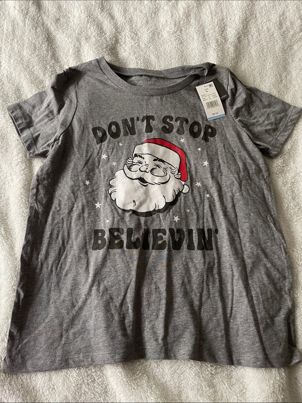 Gray “Don't Stop Believin'' Santa Graphic Short Sleeve Tee